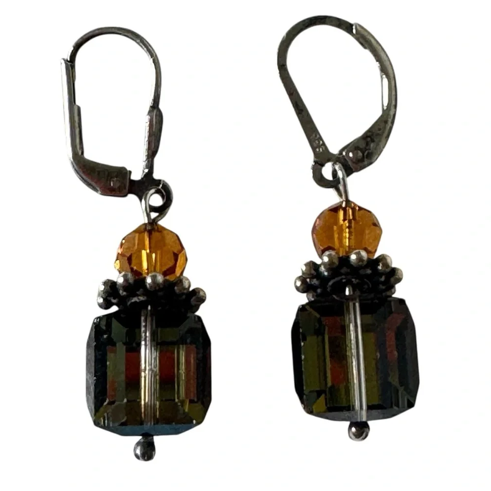 925 Sterling Silver Green Yellow Crystal Minimalist Cube Drop Earrings NEW